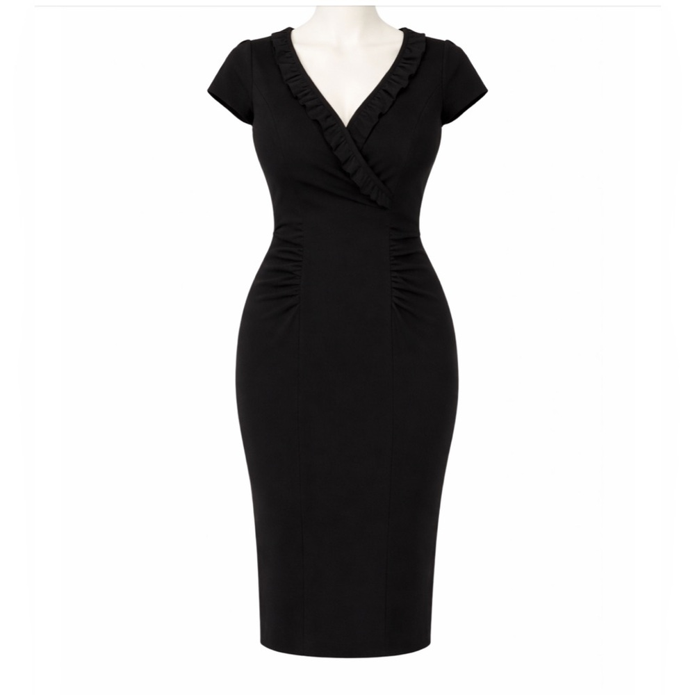Kay Unger Elegant Black Sheath Dress with Ruffle Detail and Front Ruching